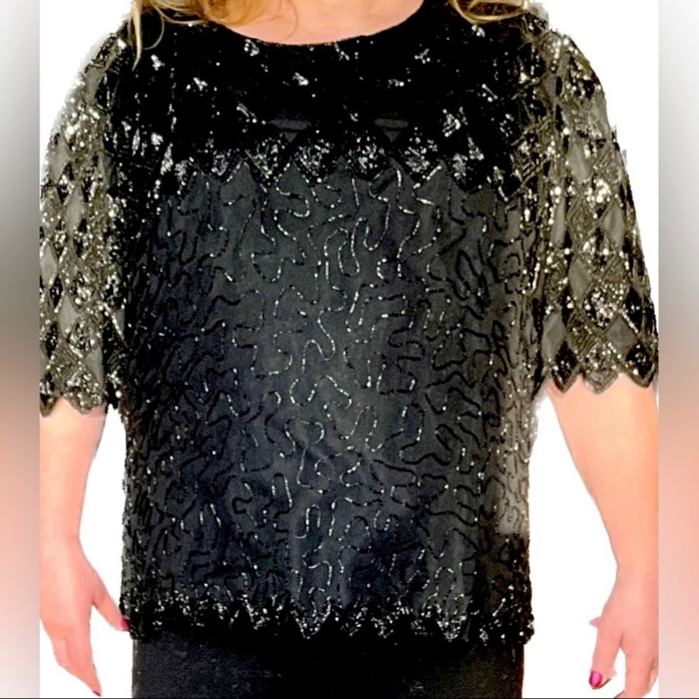 Vintage Black Beaded Silk Evening Top